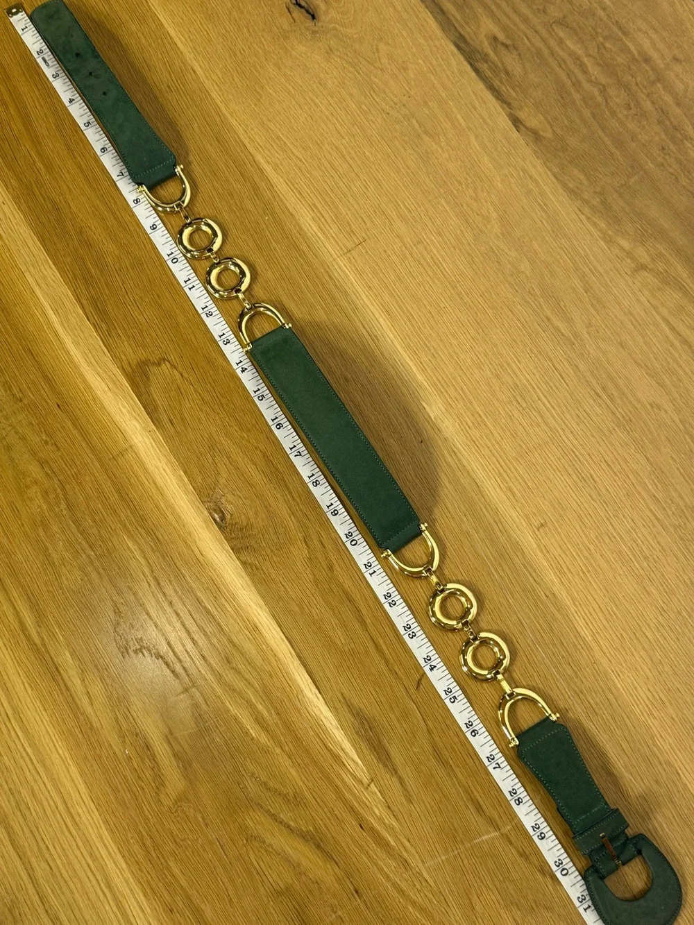 Medicis France Statement Belt Green Leather Gold Link Vintage small/medium 31 in